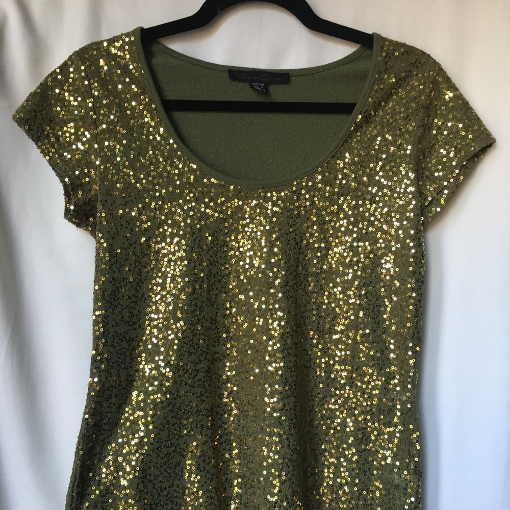 Kenneth Cole Olive and Gold Sequined tshirt